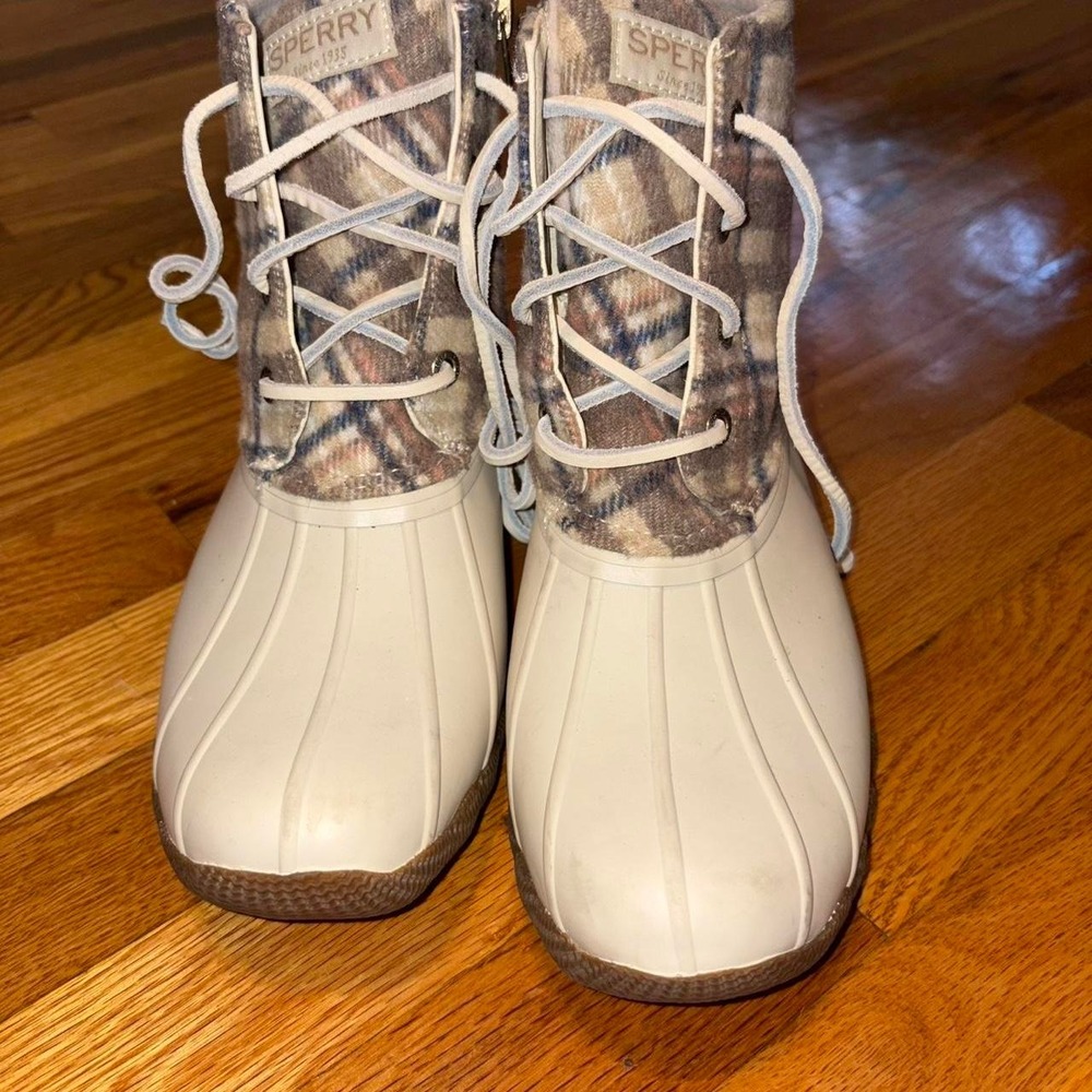 Sperry Saltwater Plaid Duck Boots Womens 6.5 Wool Blend Winter Rain Boots